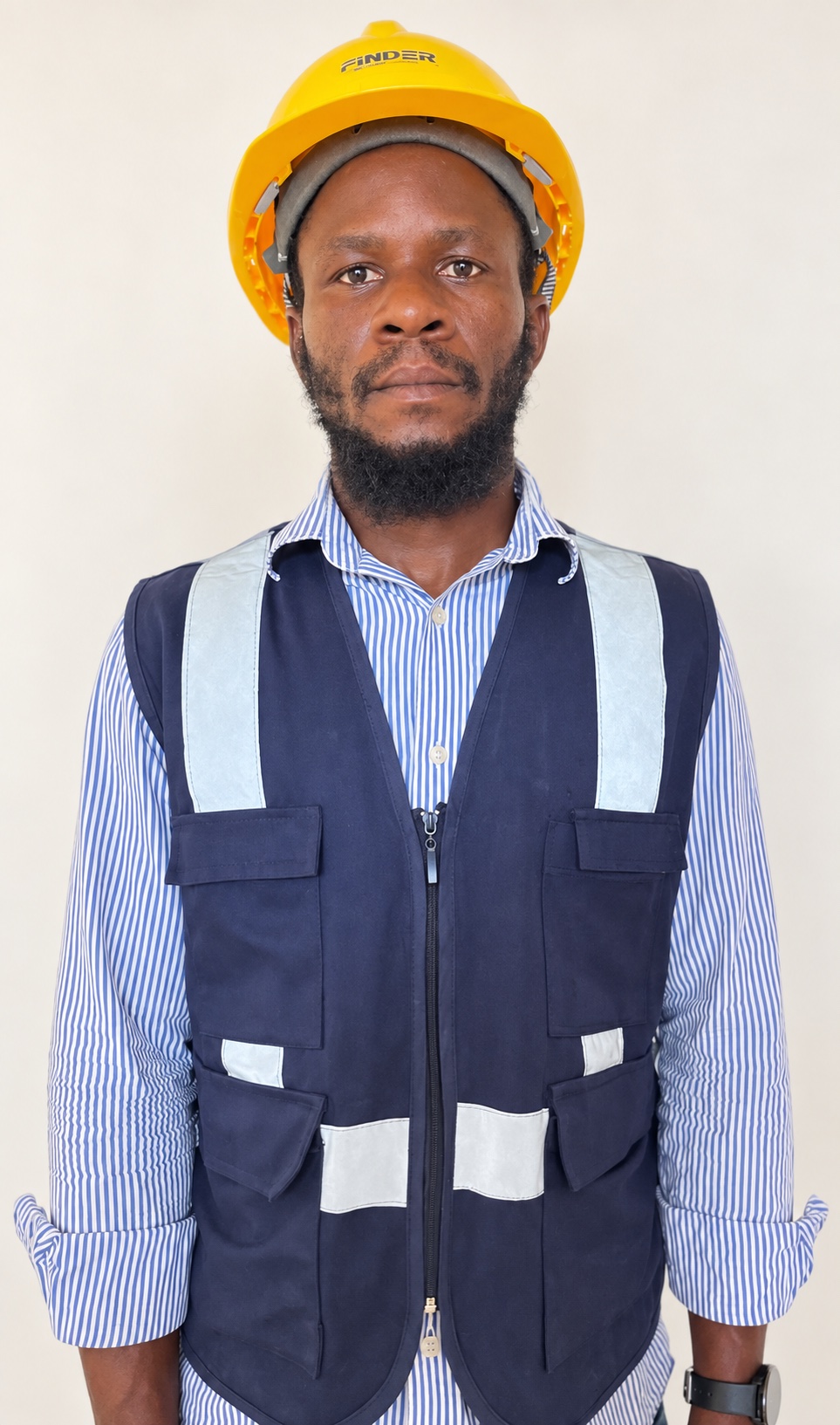 Jacob Banjo in his hardhat and work vest, as featured on his website